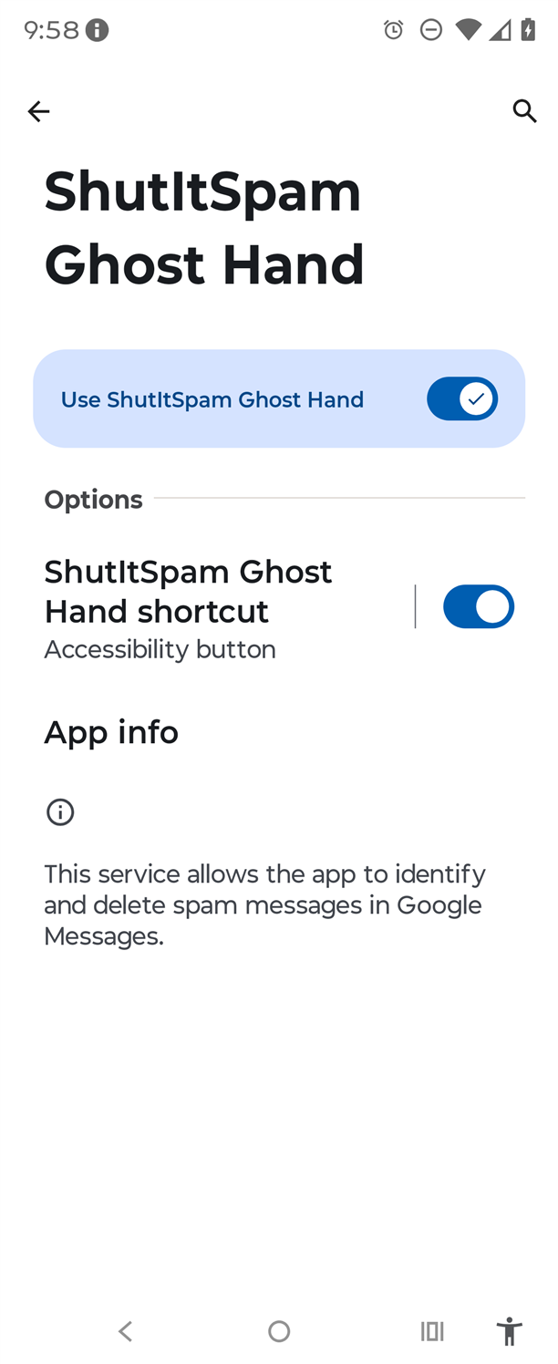 Android Settings - ShutItSpam Ghost Hand toggle enabled