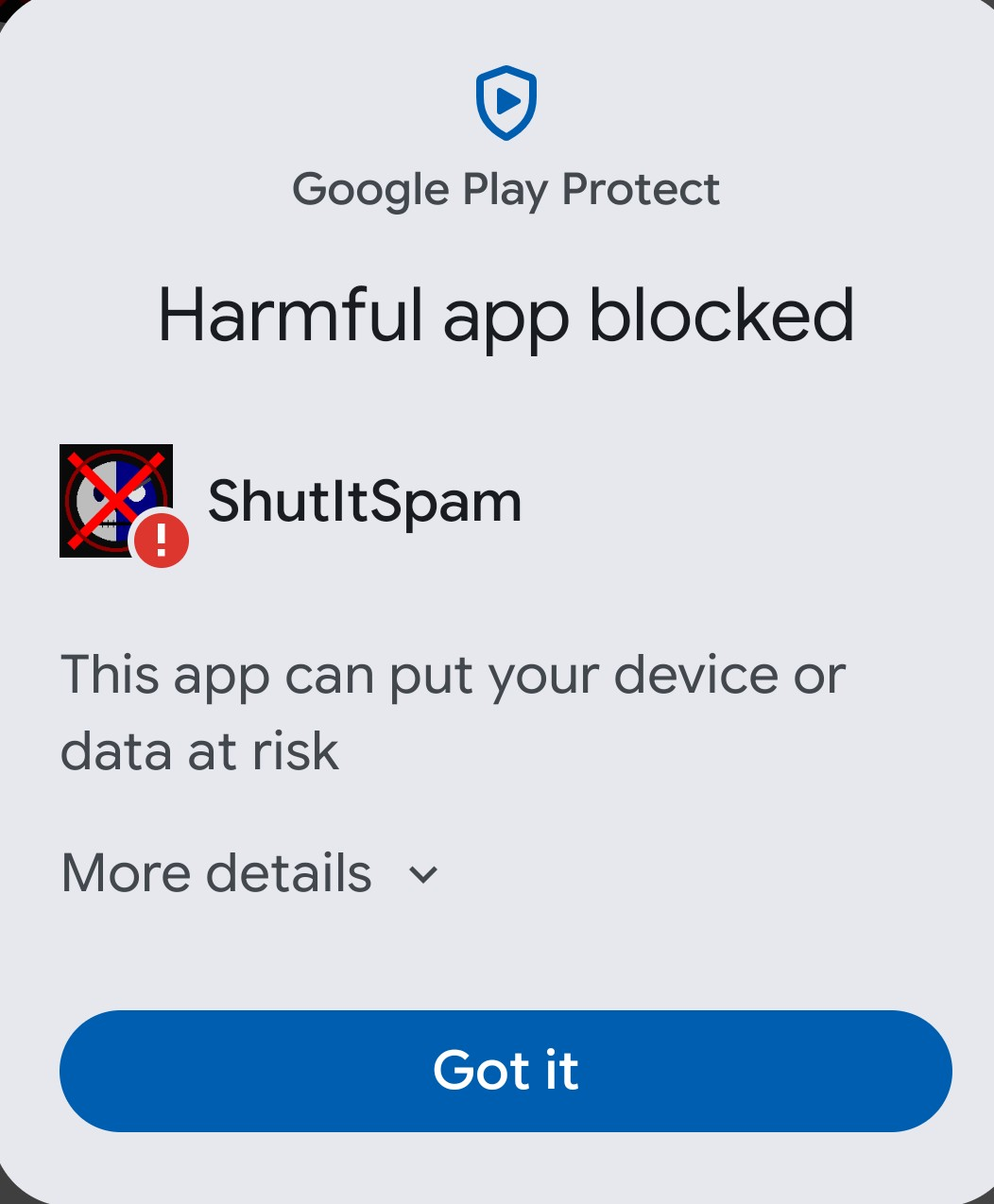 Play Protect warning with More details