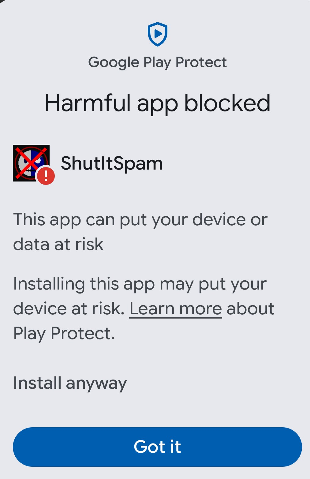 Play Protect screen showing Install anyway